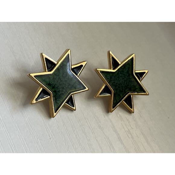 Vintage Yves Saint Laurent Gold YSL Green Enamel Starburst 80s Style RARE Studs - Picture 1 of 10